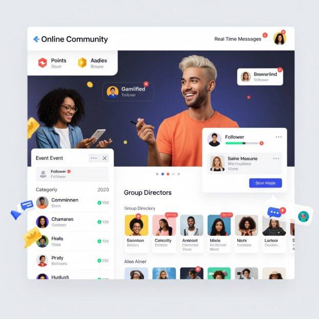 A colorful digital interface for an "Online Community" platform. It displays various features including follower counts, "Points" and "Badges" for gamification, "Event Events" categorized by year, a list of "Group Directors" with diverse member profiles, and "Real Time Messages" with user avatars. The background features two individuals smiling, seemingly part of the community.