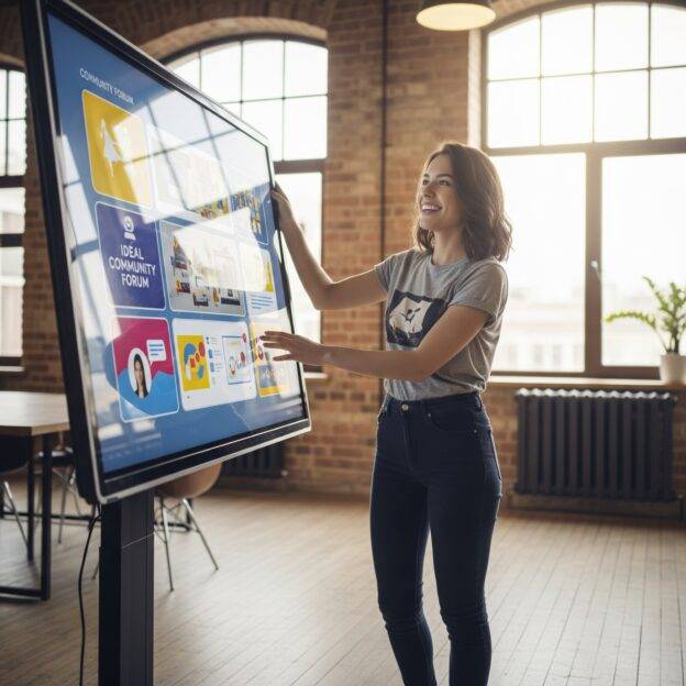 A woman in casual clothes, smiling, adjusts a large touchscreen displaying a "Community Forum" interface in a modern co-working space.